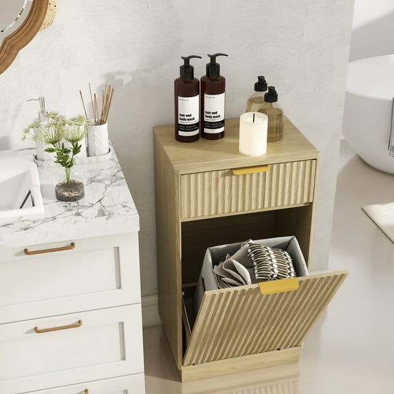 Homy Casa Bathroom Laundry Hamper Cabinet with Drawer, Tilt-Out Bin, Natural Wood