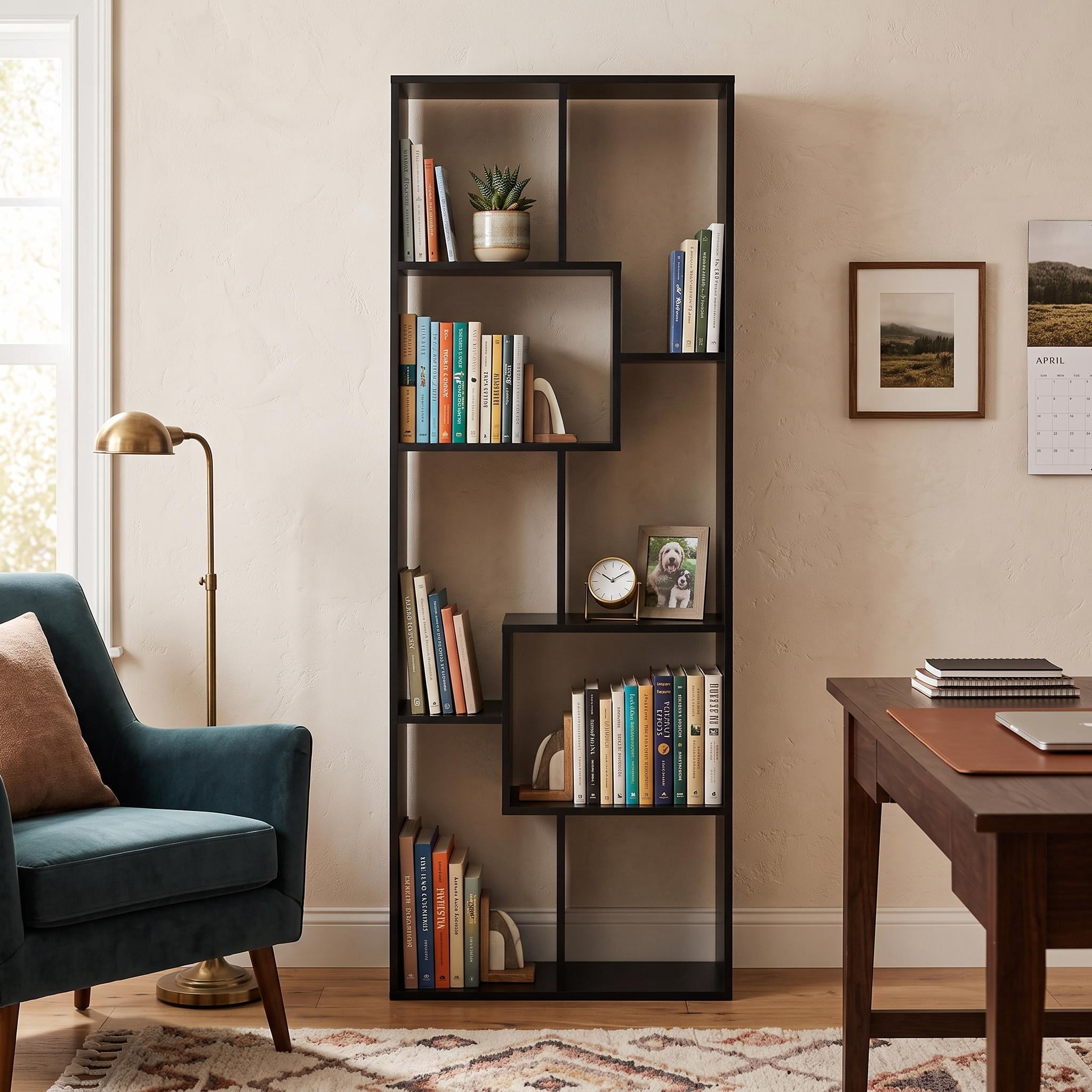 Homy Casa 71" Tall Geometric Bookcase, Open Display Shelf for Living Room & Home Office, Black