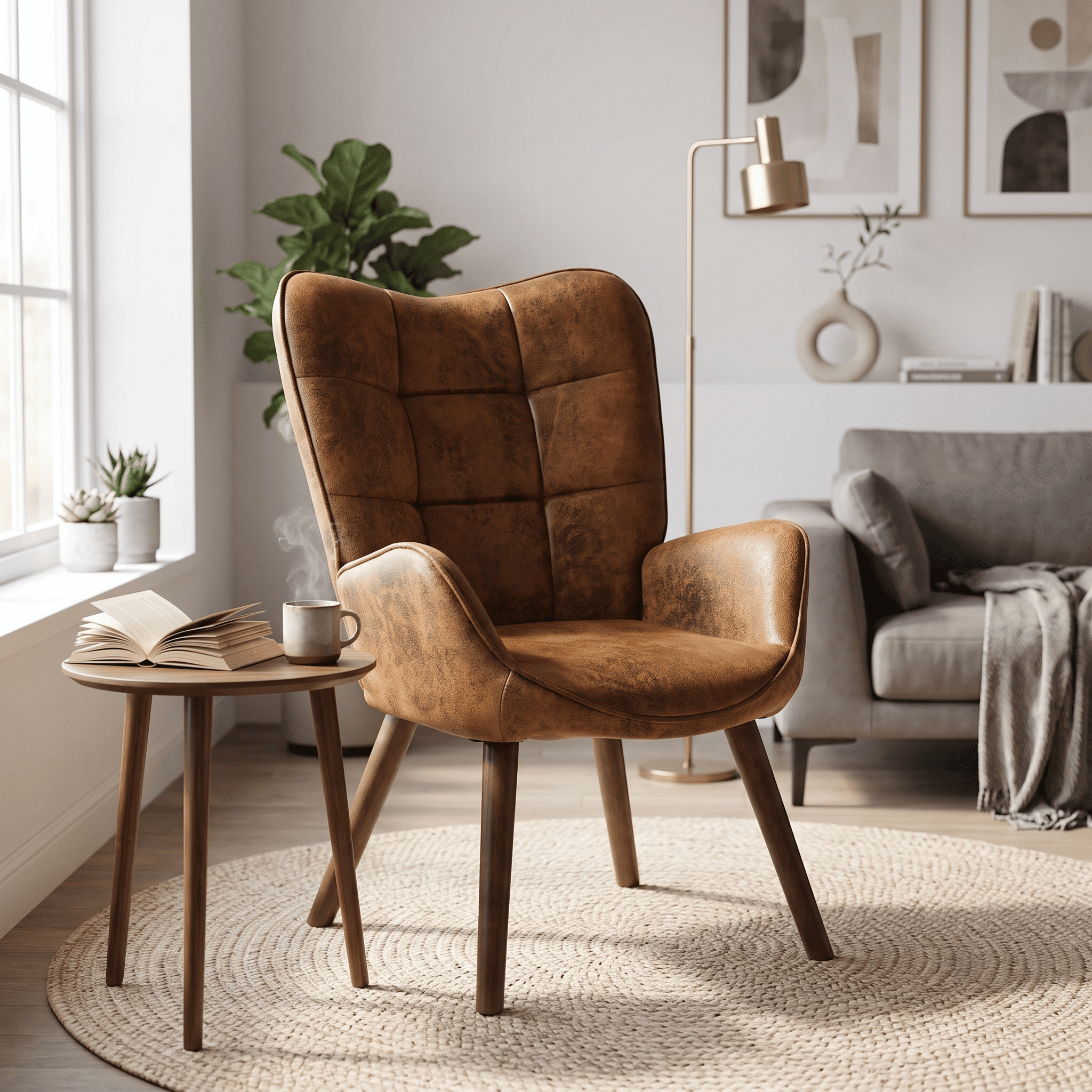 Homy Casa Brown Accent Chair, Faux Leather Wingback Armchair with Wood Legs for Lounge