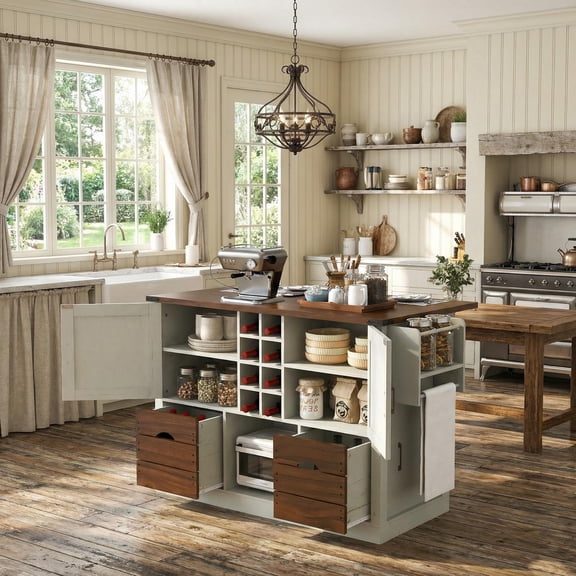 Homy Casa Rolling Kitchen Island Cart with Drop Leaf, Wine Storage, Drawers and Cabinets