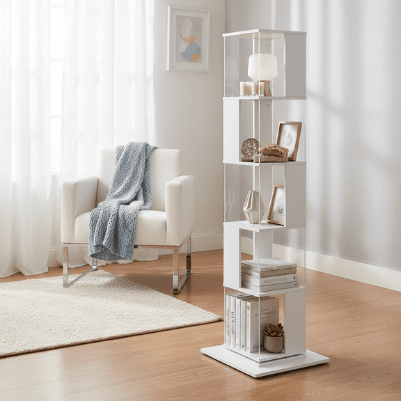 Homy Casa California Modern Acrylic 5-Tier Rotating Bookshelf 19.68x19.68x63 inches White
