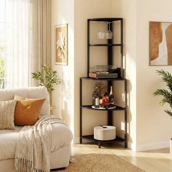 Homy Casa California Modern Metal & MDF Corner Shelf with LED Lights and USB Ports, 15.75"x15.75"x59.84", Black