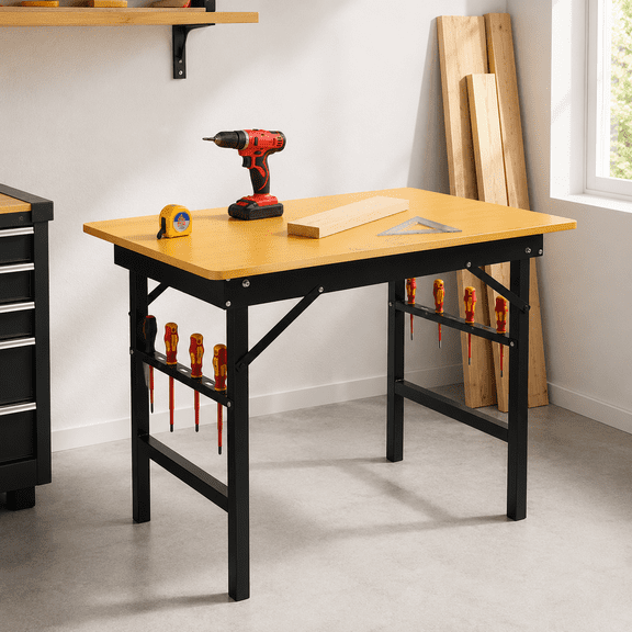 Homy Casa 39 Inch Portable Folding Workbench Heavy Duty Work Table with Measuring Tape Angle Finder for Garage DIY Woodworking Black