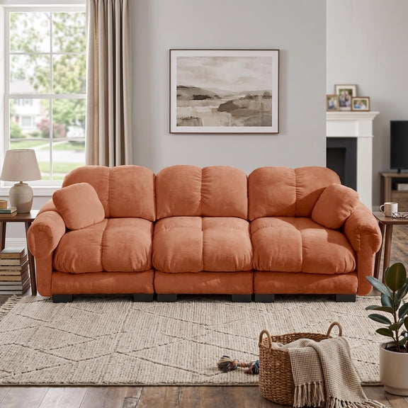 Homy Casa Chenille Cloud 3-Seater Sofa, Orange Upholstered Couch with Soft Cushions, High-Density Foam, Modular Design for Living Room
