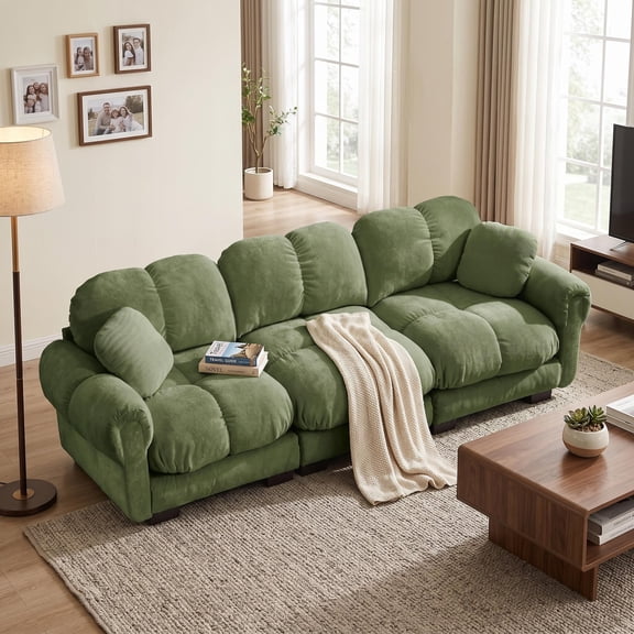 Homy Casa Chenille Cloud 3-Seater Sofa with Modular Design, Green Upholstered Couch with High-Density Foam Cushions and Multi-Functional Ottoman