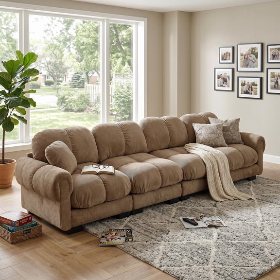 Homy Casa Chenille Cloud 4-Seater Sofa with Quilted Back Cushions and Multifunctional Ottoman, Brown Durable Modular Living Room Couch