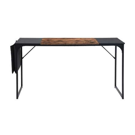 Homy Casa Computer Desk 55 inch Study Writing Table with A Storage Bag Space Saving for Home Office, Modern Simple Style PC Desk, Black Metal Frame, Black & Brown Table Top