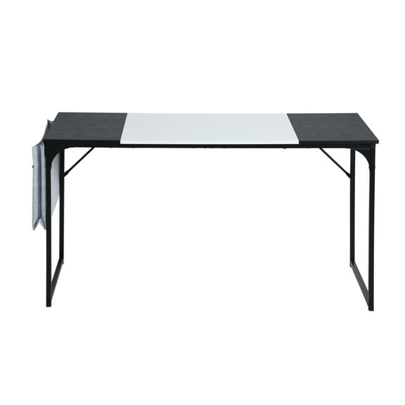 Homy Casa Computer Desk 55 inch Study Writing Table with A Storage Bag Space Saving for Home Office, Modern Simple Style PC Desk, Black Metal Frame, Black & White Table Top