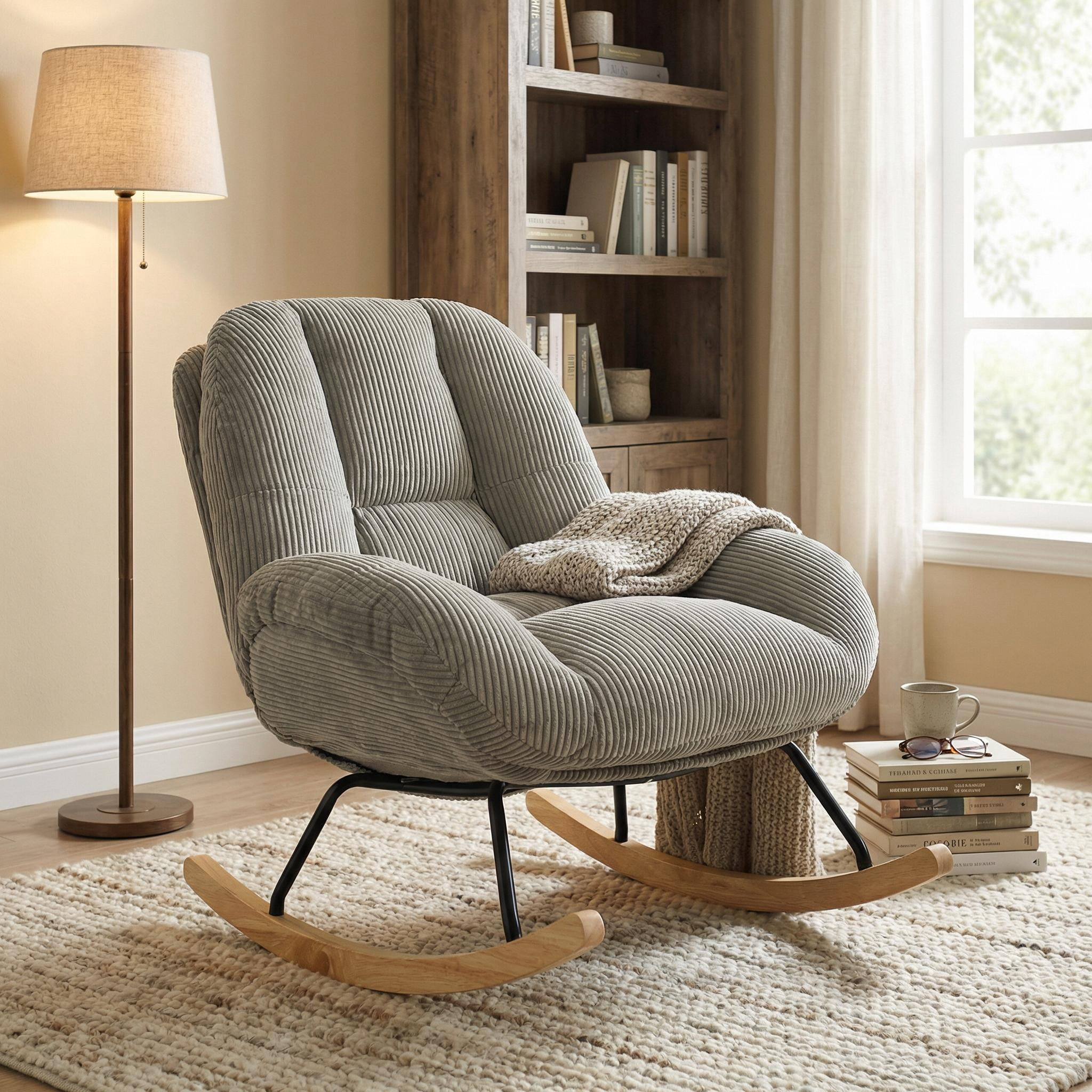 Homy Casa Corduroy Rocking Accent Chair with Solid Wood Base, Lounge Chair for Living Room, Bedroom, Reading Corner