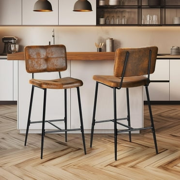 Homy Casa Counter Height Bar Stools Set of 2, 26" Modern Mid Century Upholstered BarStools Chair Backrest Footrest for Home Kitchen Island, Brown