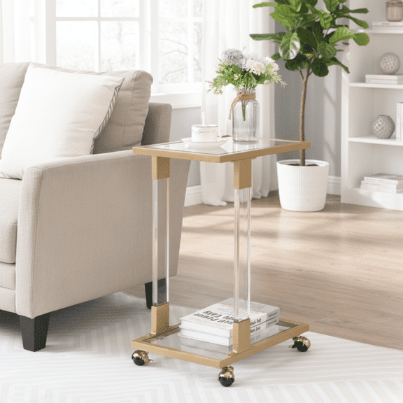 Homy Casa Denver Modern Acrylic and Metal C-Shape Side Table with Glass Top, 17.7 Inch Gold Sofa End Table with Wheels for Living Room, Bedroom, Office, Balcony