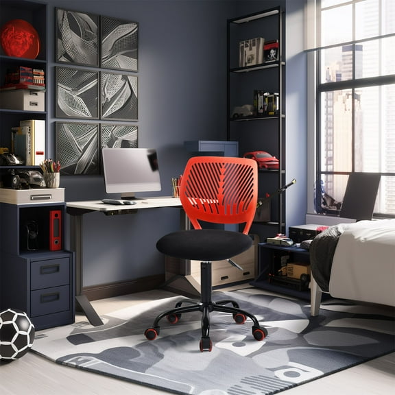 Homy Casa Adjustable Teen Desk Chair with Wheels, Swivel Task Chair with Mesh Back, Crimson & Black