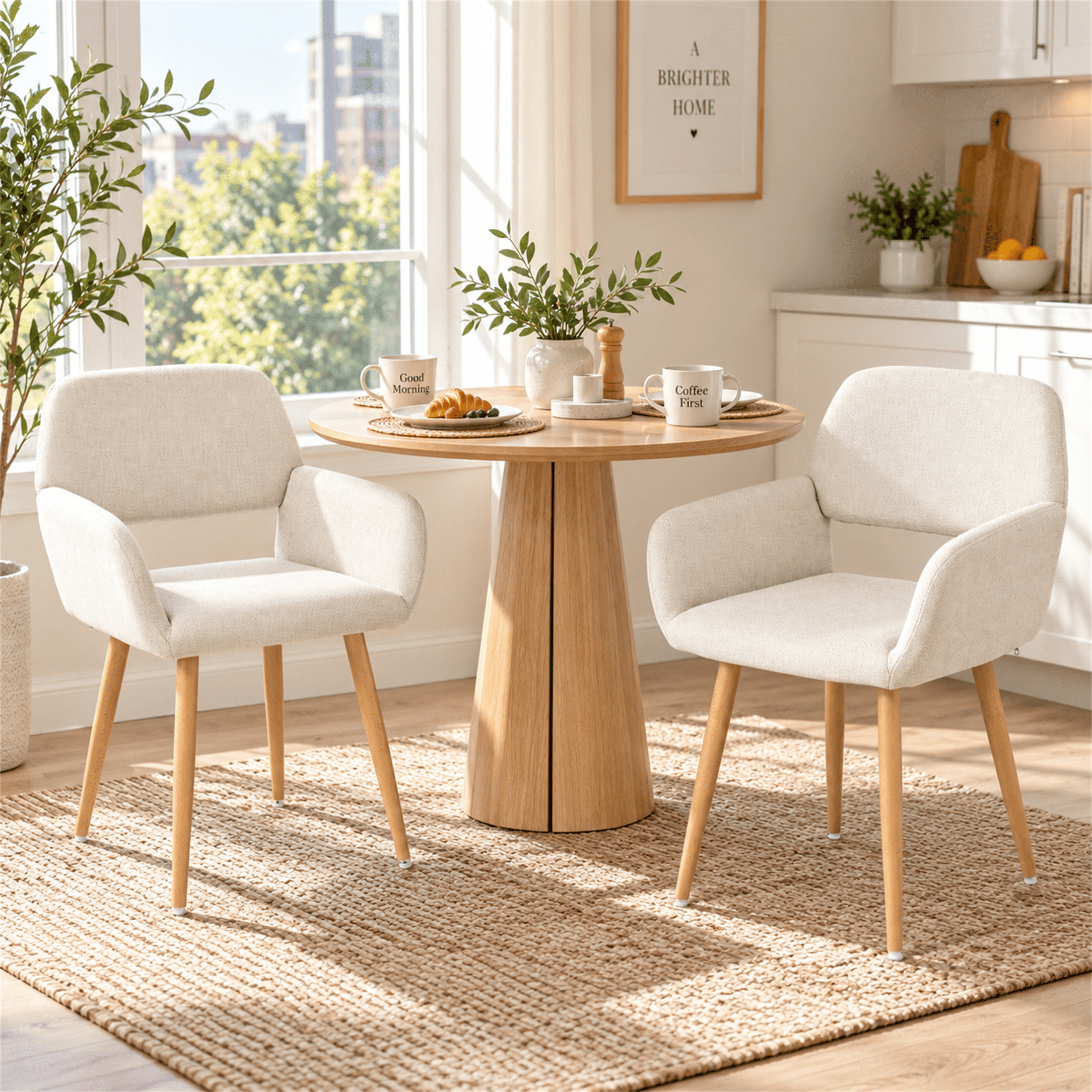 Homy Casa Set of 2 Modern Upholstered Dining Armchairs with Wood Legs for Kitchen Beige