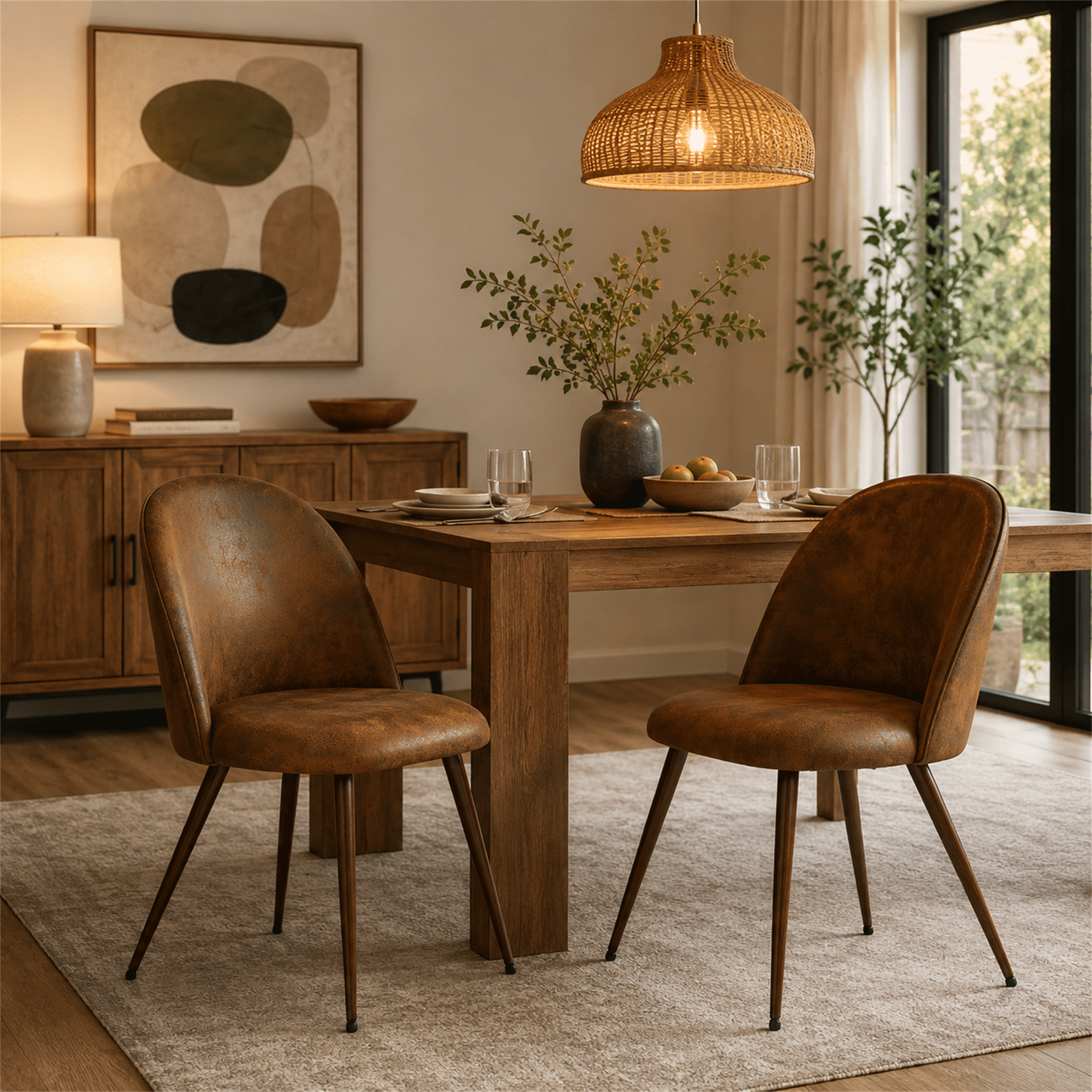 Homy Casa Set of 2 Brown Suede Upholstered Dining Chairs with Curved Back for Kitchen