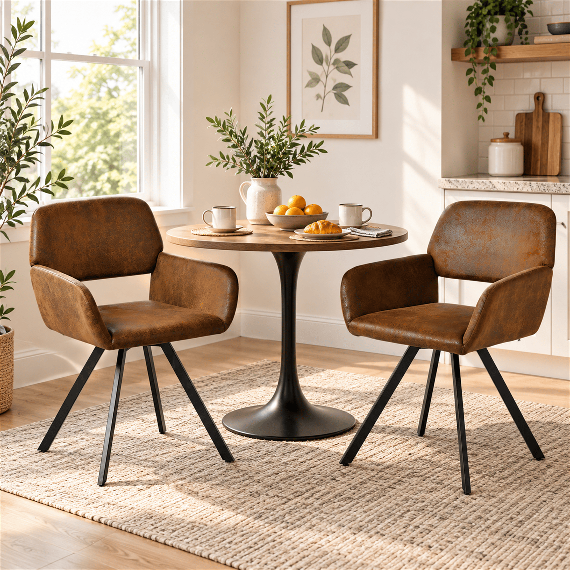 Homy Casa Swivel Dining Chairs Set of 2, Upholstered Armchairs with Black Metal Legs, Dark Brown