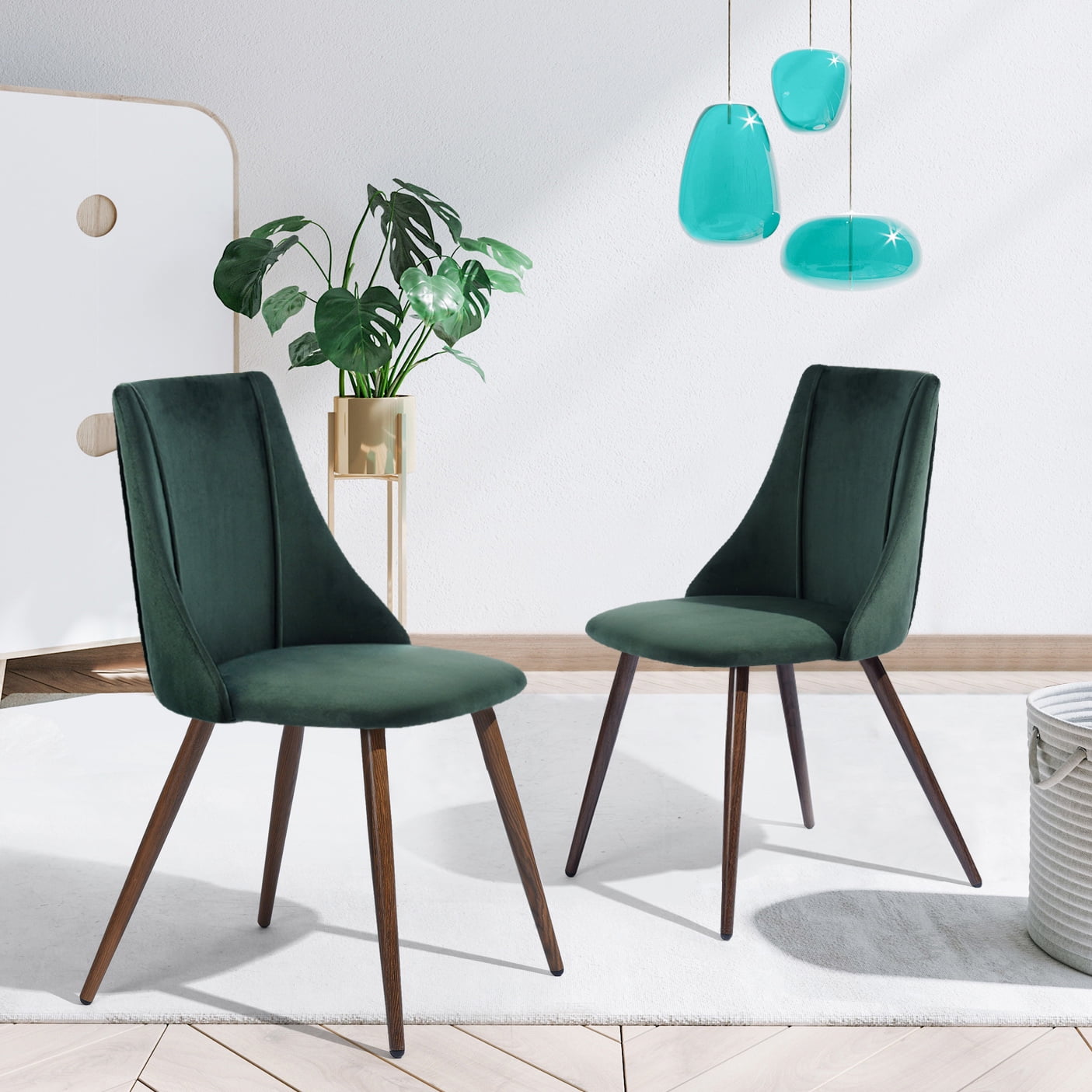 Green Velvet Upholstered High Back Side Chair with Walnut Metal Legs