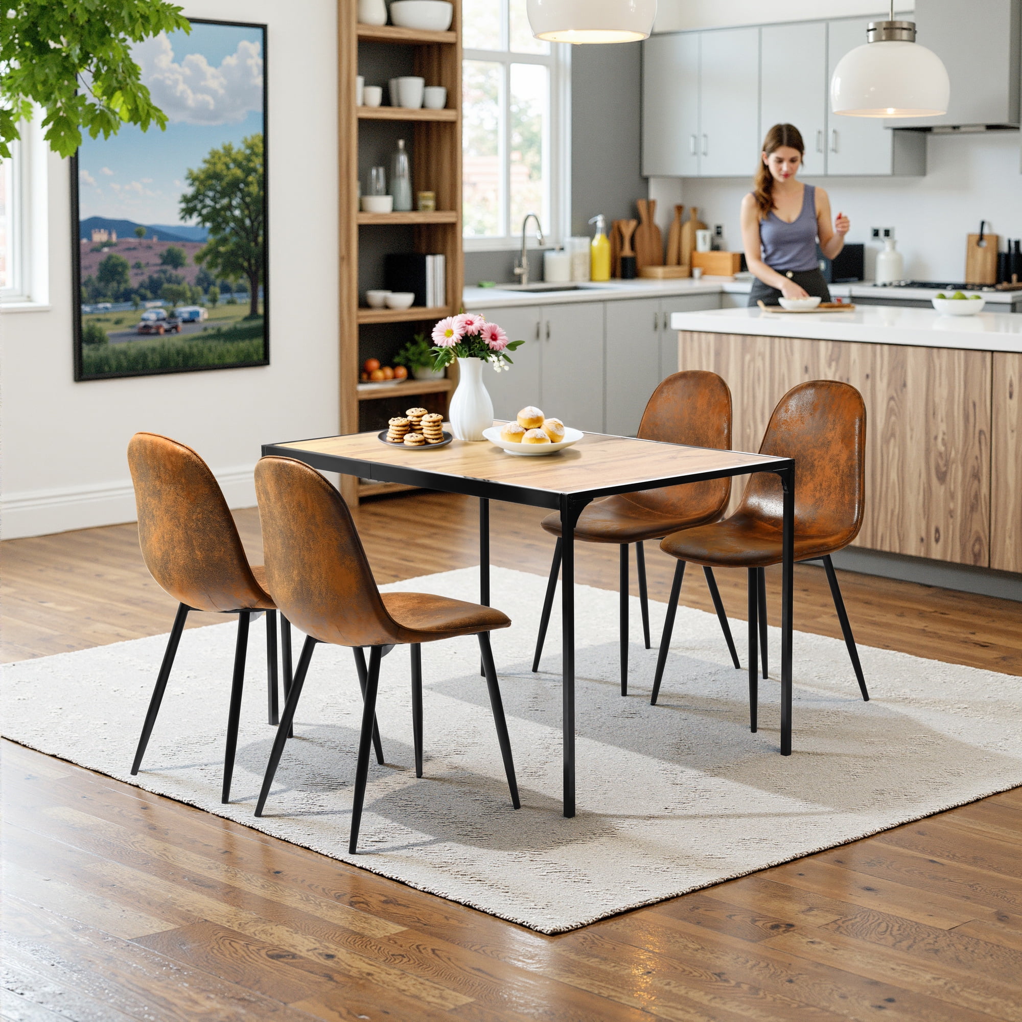 Brown Suede Upholstered Side Chair with Black Metal Legs