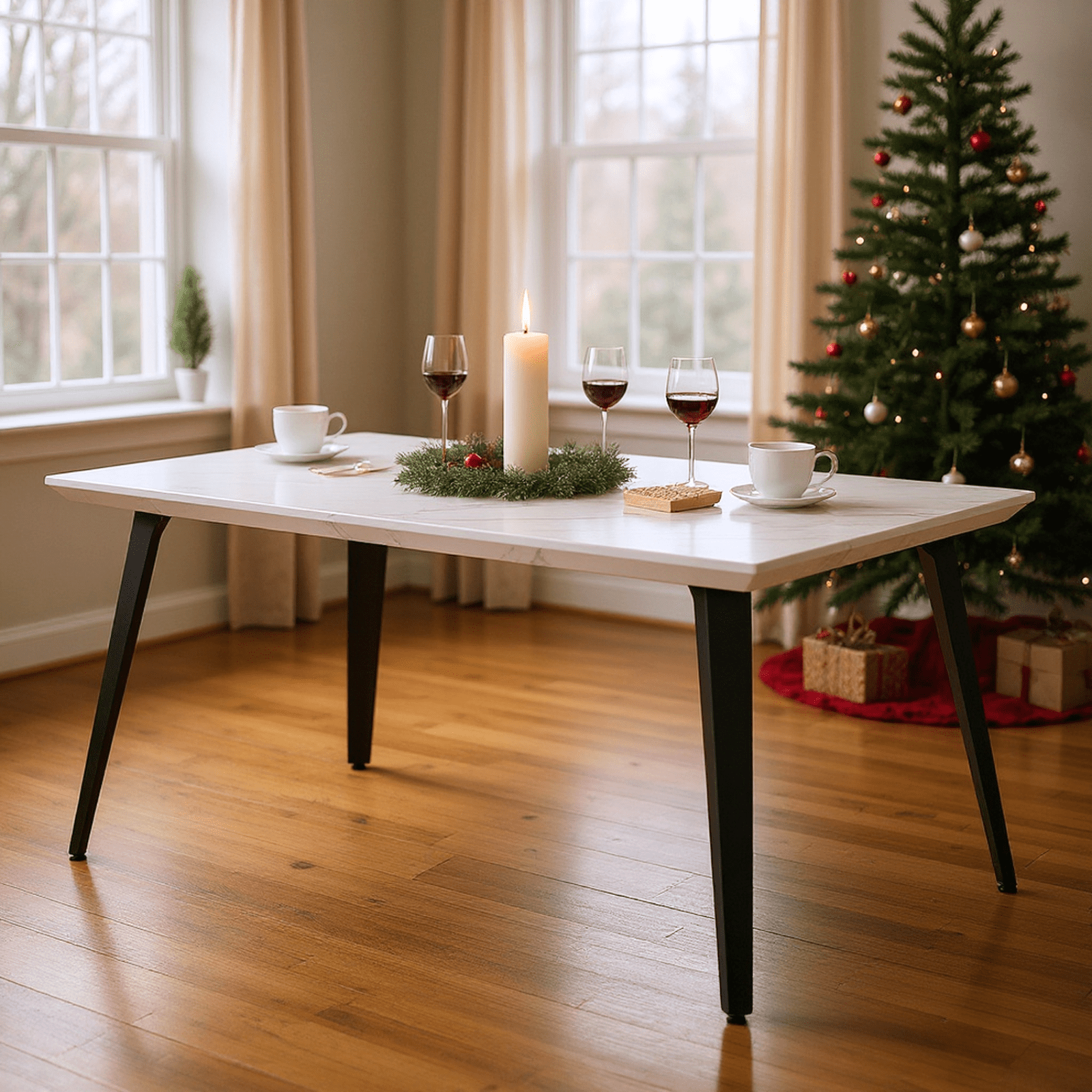 Homy Casa Dining Table for 4-6 People, 62.9inch Industrial Wood Large Kitchen Table with Strong Metal Frame, White