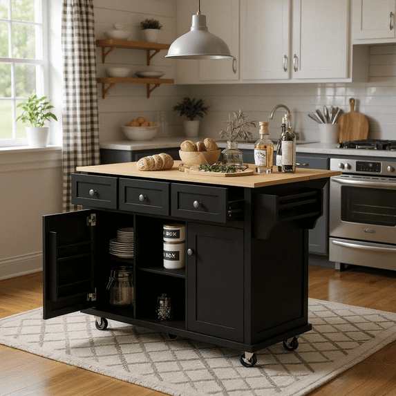Homy Casa Drop-Leaf Kitchen Island with Storage, Wheels, Adjustable Shelves & Spice Rack, Black