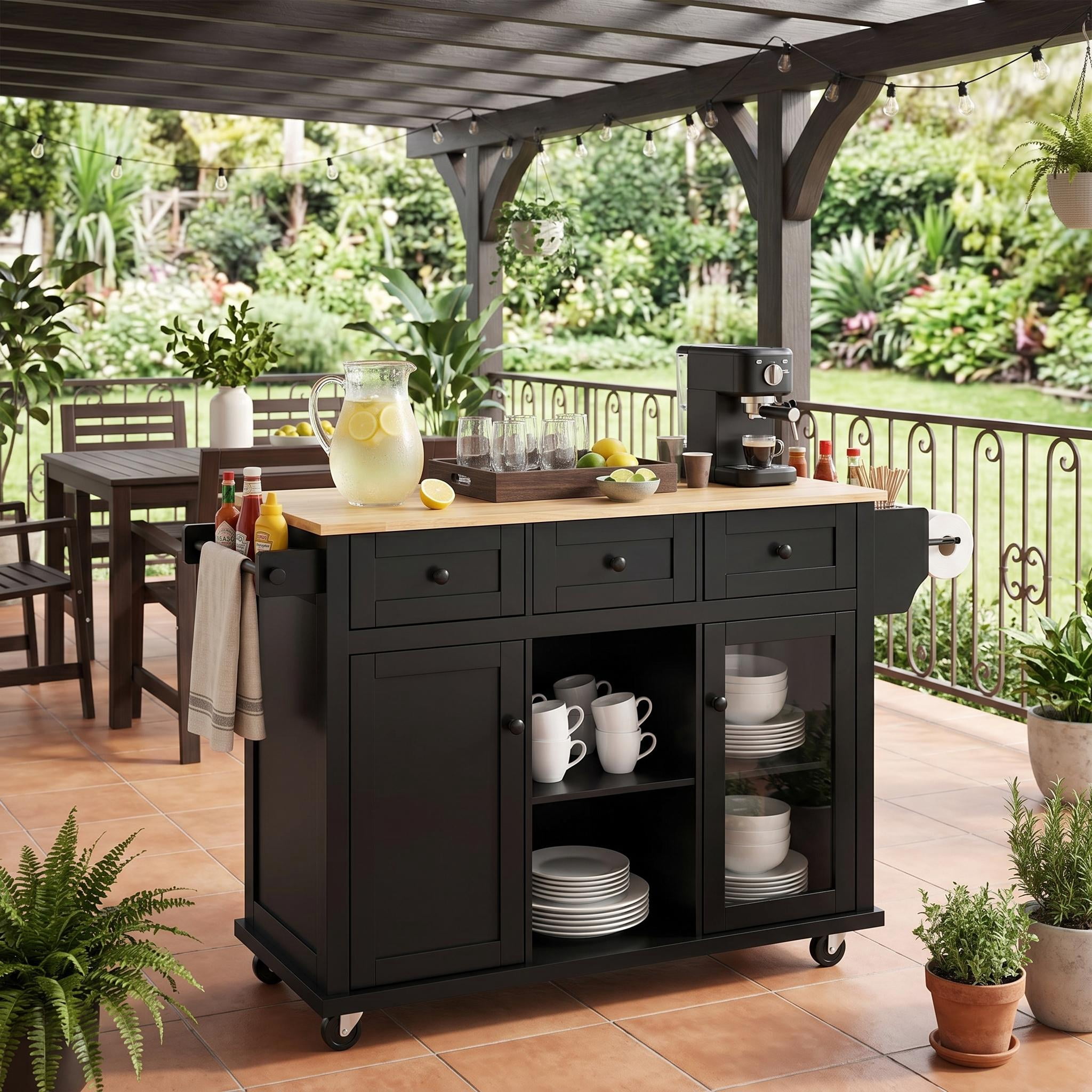 Homy Casa Drop-Leaf Kitchen Island with Storage, Wheels, Adjustable Shelves & Spice Rack, Black