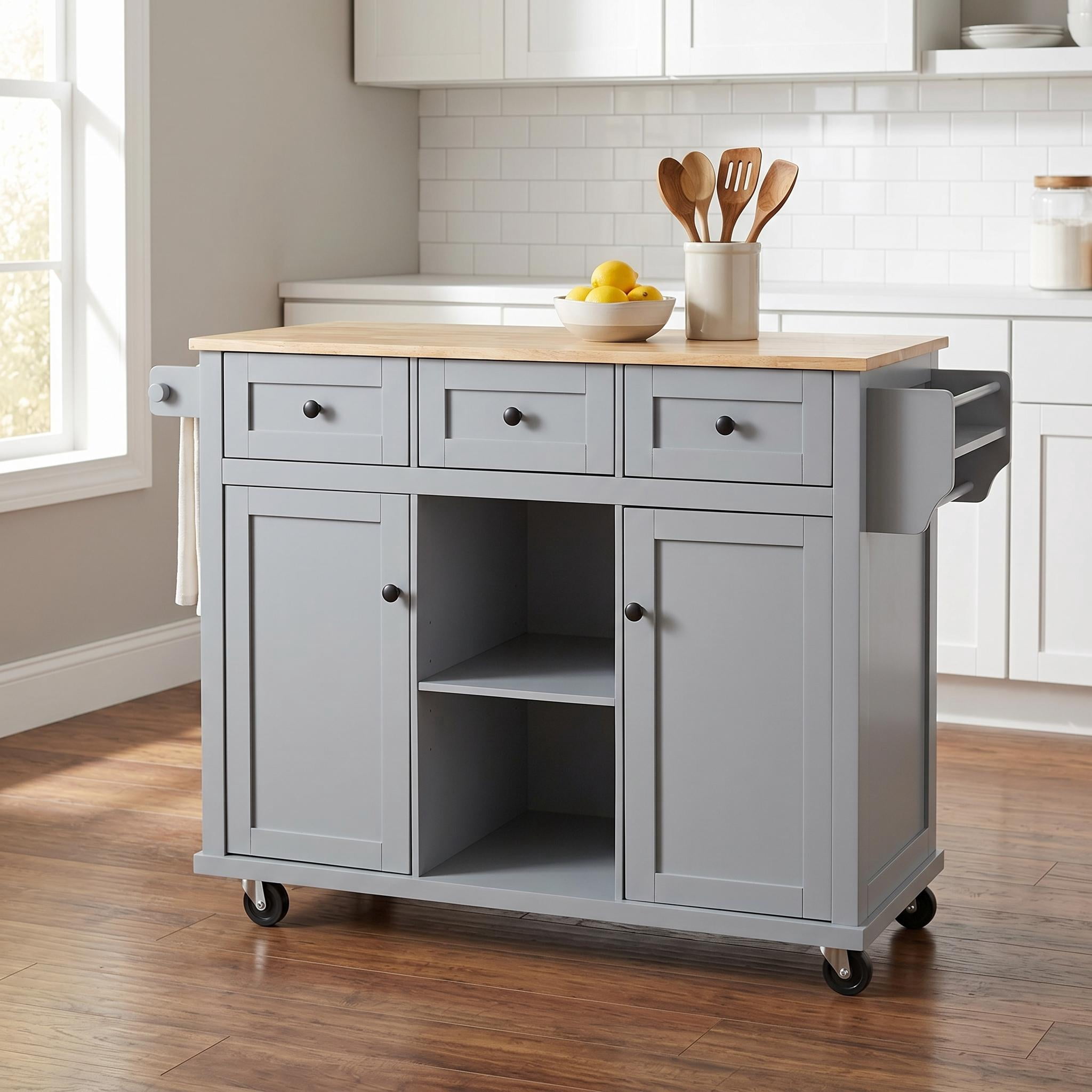 Homy Casa Rolling Kitchen Island with Drop Leaf, Storage Drawers, Spice Rack & Wheels, Dusty Blue