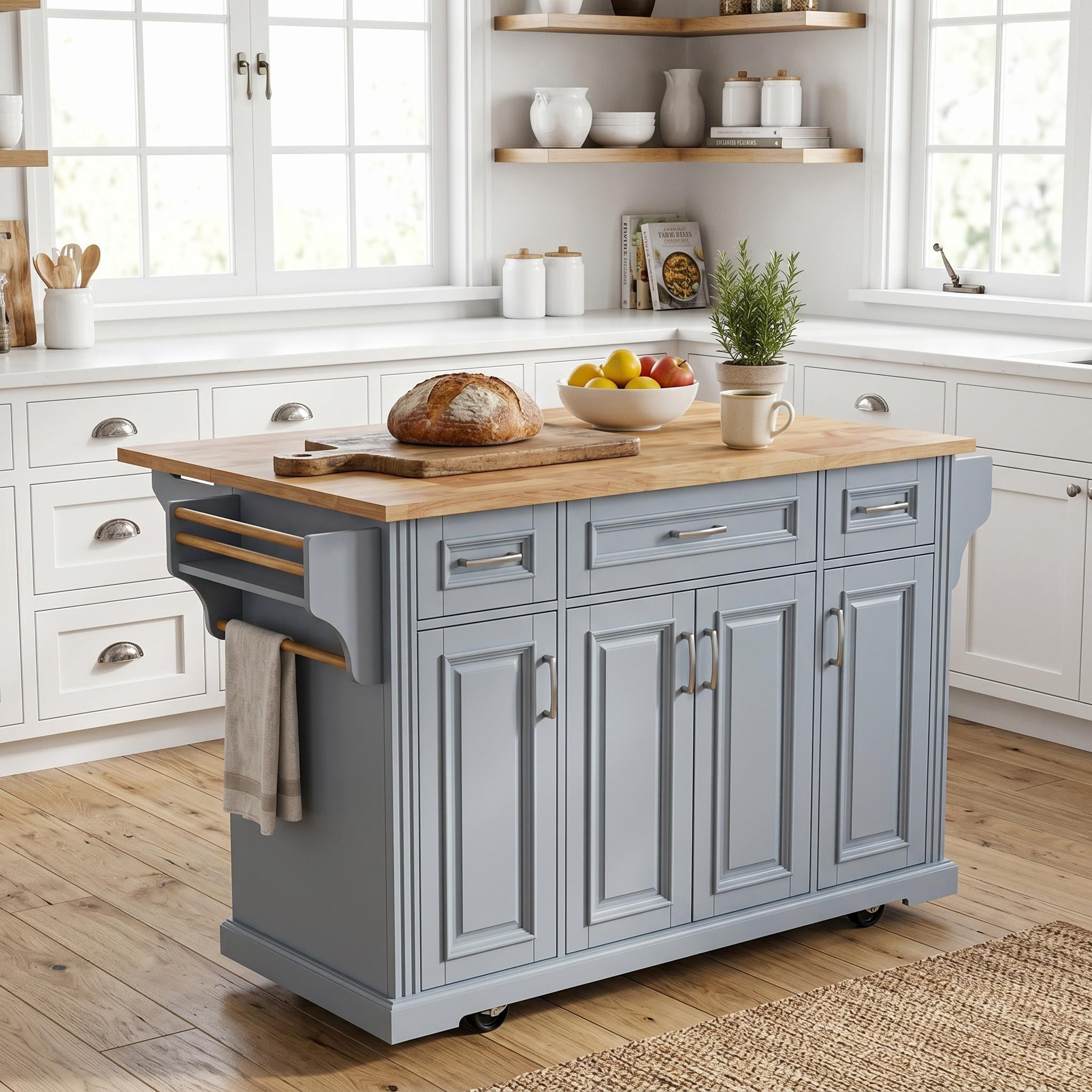Homy Casa Rolling Kitchen Island Cart with Storage, 3 Drawers, 4 Doors & Side Rack, Gray/Natural for Kitchen and Dining Room