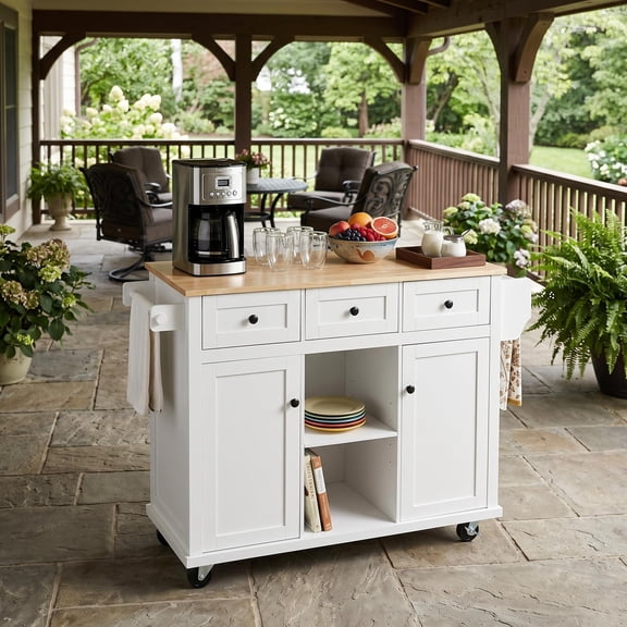 Homy Casa Farmhouse Rolling Kitchen Island with Drop Leaf, Storage Drawers, Spice Rack & Wheels,White