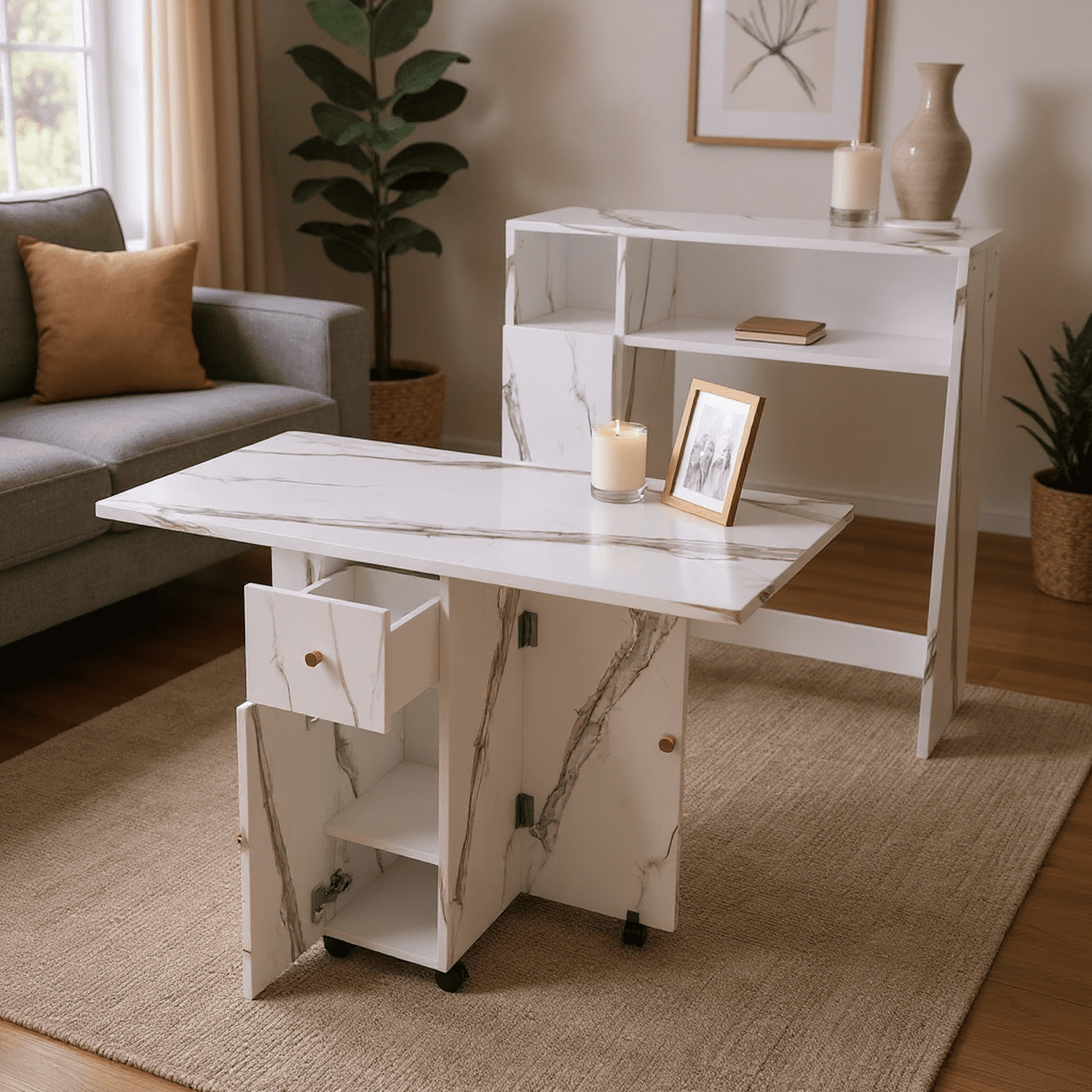 Homy Casa Entryway Console Table with Storage, Folding Design, Faux Marble Finish, White