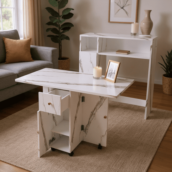 Homy Casa Entryway Console Table with Storage, Folding Design, Faux Marble Finish, White