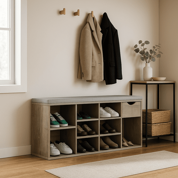 Homy Casa Entryway Shoe Bench with Cushion and Cubbies for Mudroom & Hallway Storage, Gray