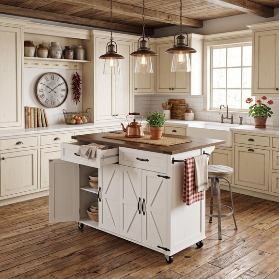 Homy Casa Farmhouse 53.5" Rolling Kitchen Island with Drop Leaf, Storage Cabinet and Drawers, White