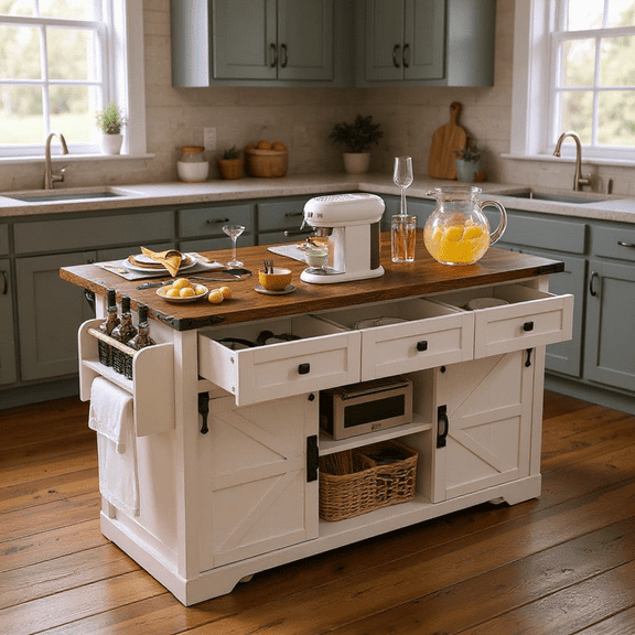 Homy Casa Farmhouse 53.7" Kitchen Island with Storage Cabinet, Sliding Barn Doors, and Wheels, White Oak