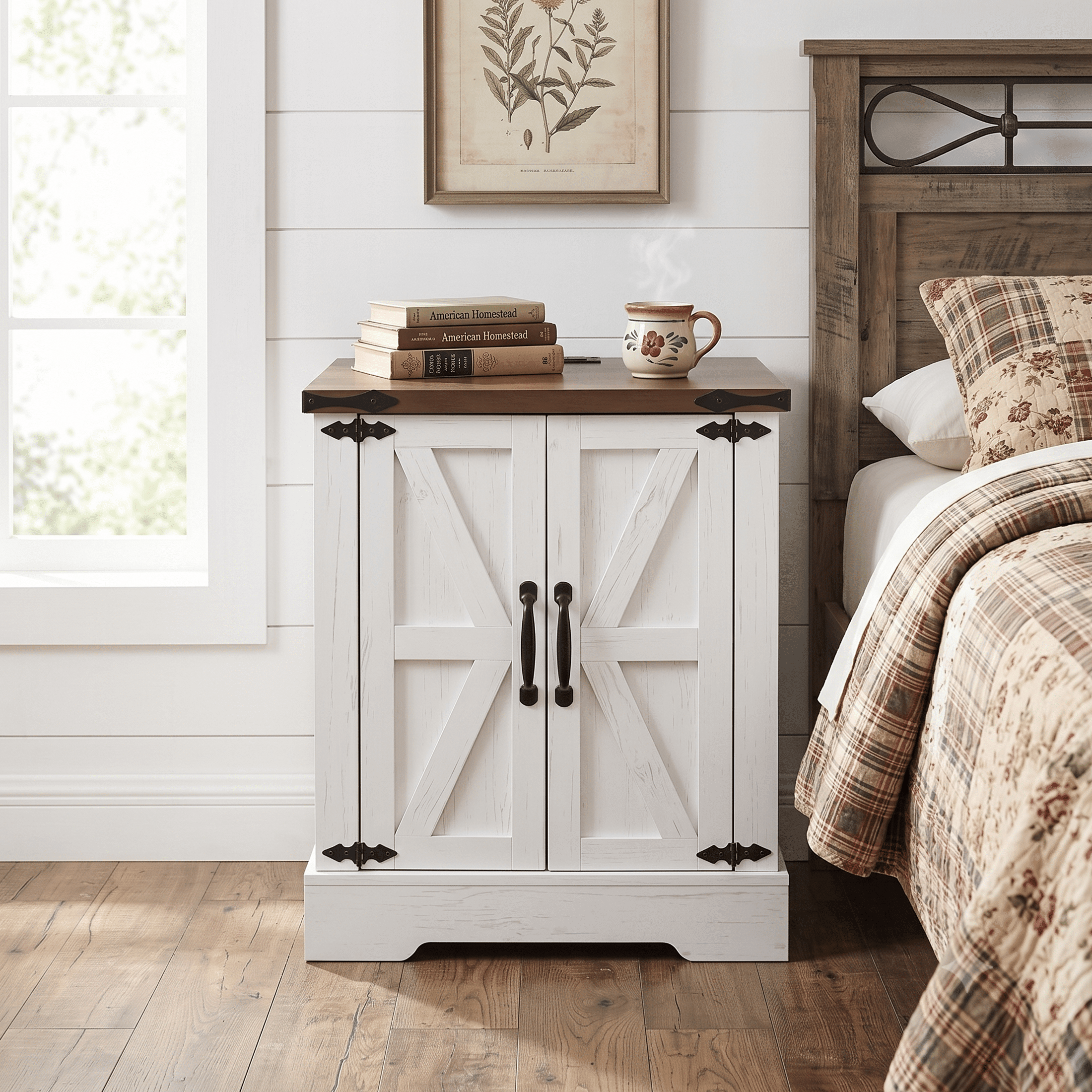 Homy Casa Farmhouse End Table with Charging Station, 2 USB Ports, 2 Outlets, Barn Door, White