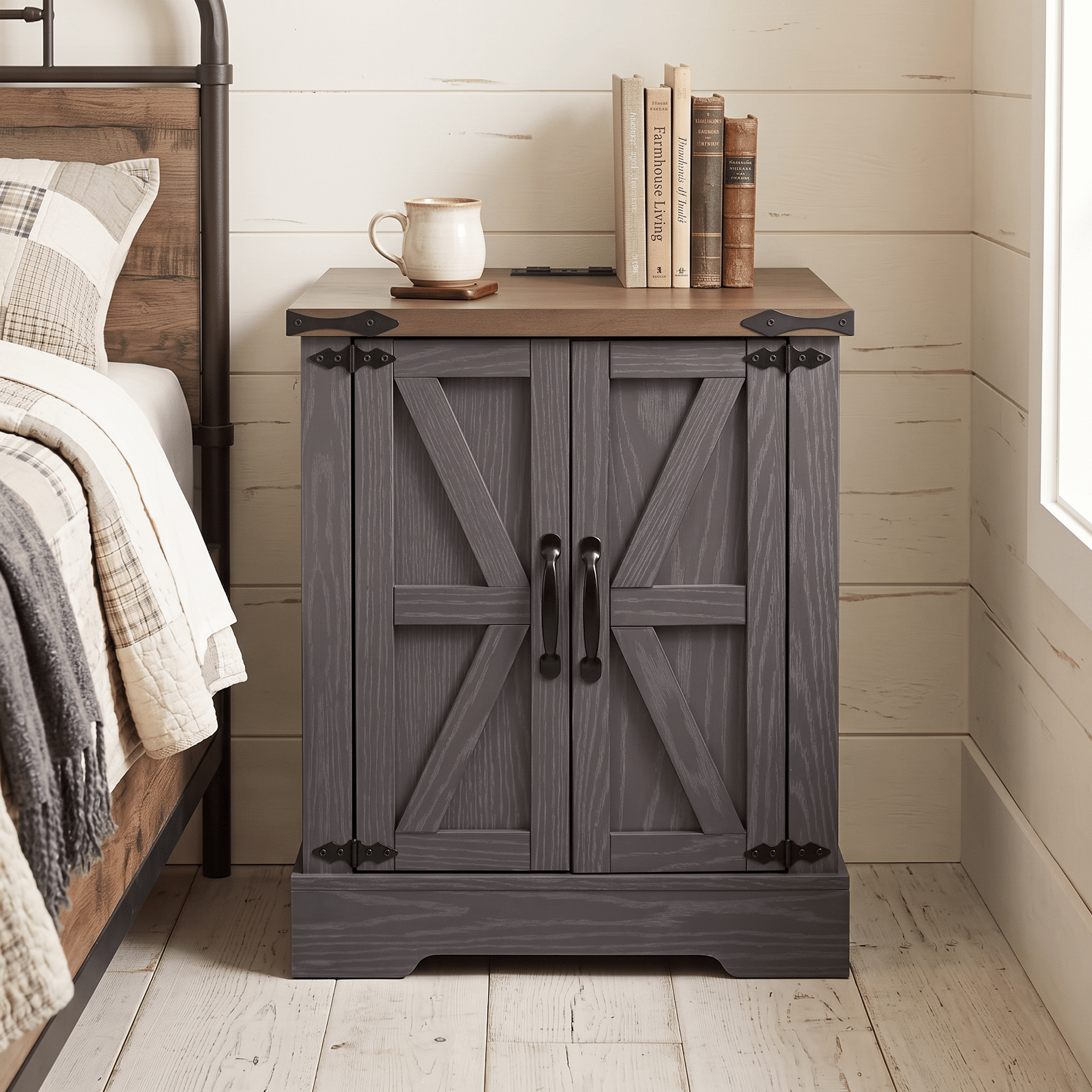 Homy Casa Farmhouse End Table with Charging Station, Cabinet and Adjustable Shelf, Dark Gray