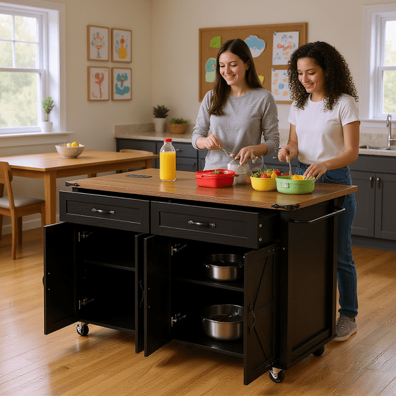Homy Casa Farmhouse Kitchen Island with Drop Leaf, Power Outlet, Storage & Wheels, Black