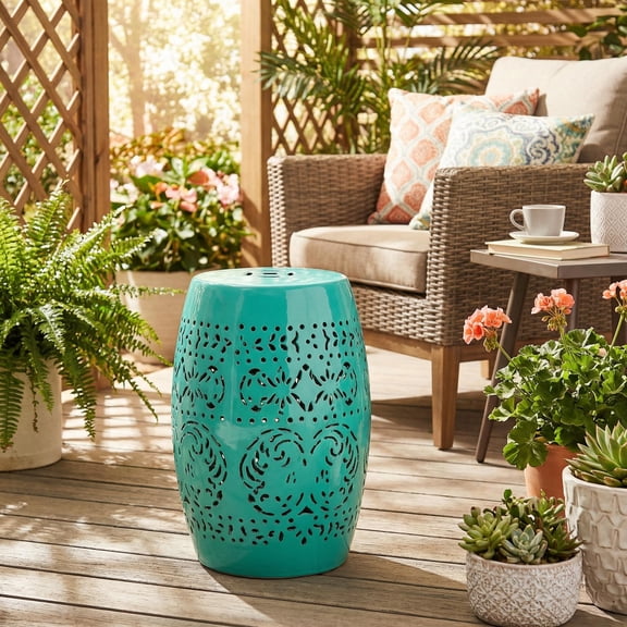 Homy Casa Florida Miami Solar-Powered Metal Side Table with Floral Cutout, 12.5in, Teal
