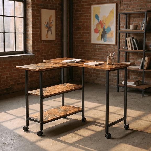 Homy Casa Folding Desk with 3-Tier Shelves and Wheels, Space-Saving Work Table for Small Spaces