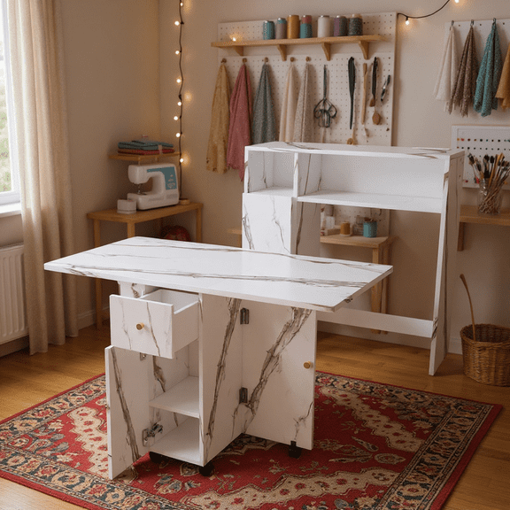 Homy Casa Space-Saving Folding Sewing Table with Storage, White