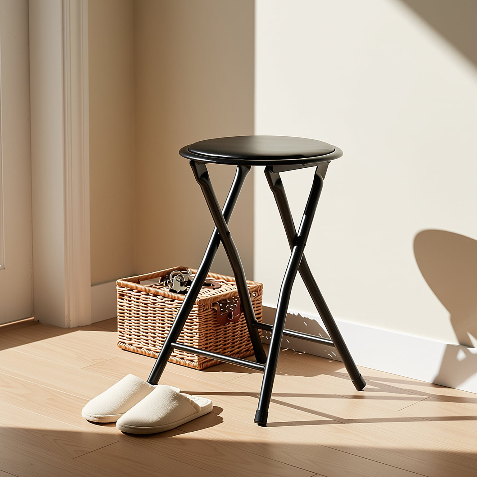 Homy Casa Folding Stool with Round Seat, Black Metal Frame, Portable Space-Saving Design