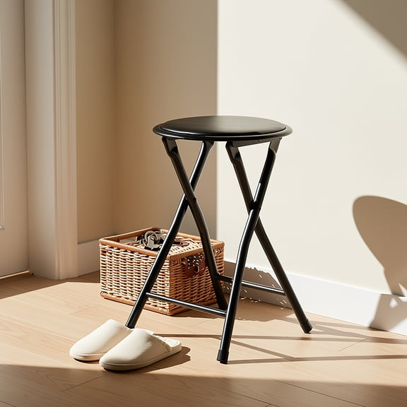 Homy Casa Folding Stool with Round Seat, Black Metal Frame, Portable Space-Saving Design