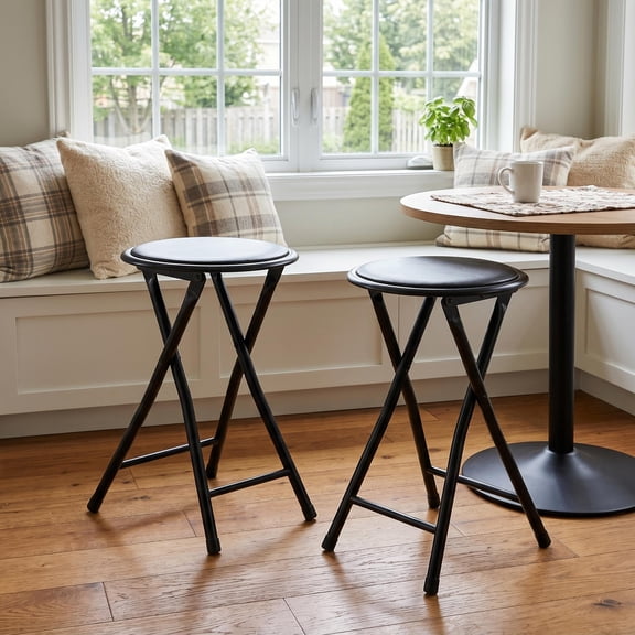 Homy Casa 2-Pack Folding Stools with Padded Round Seat, Black Metal Frame, Portable Space-Saving Design