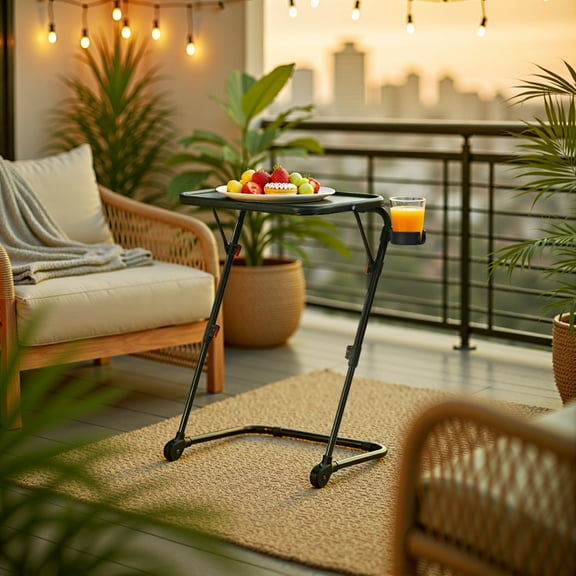 Homy Casa Folding TV Tray Table with Cup Holder, Adjustable Snack Table for Bed, Sofa, Couch, Black