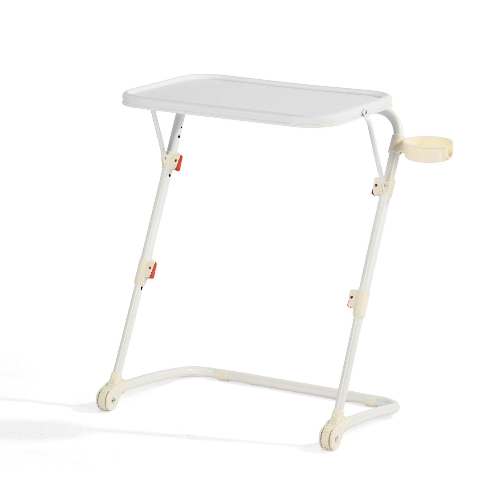 Homy Casa Folding TV Tray Table with Cup Holder, Adjustable Snack Table for Bed, Sofa, Couch, White