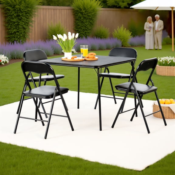 Homy Casa 5-Piece Folding Table and Chairs Set, 33.9in Dining Table with 4 Metal Chairs, Black