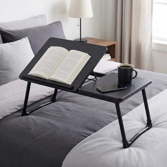 Homy Casa Folding Table with Adjustable Tilt Top and Foldable Legs, Black Woodgrain