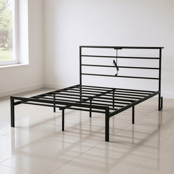 Homy Casa Full Metal Bed Frame with Charging Station, Heavy Duty for Bedroom, Apartment