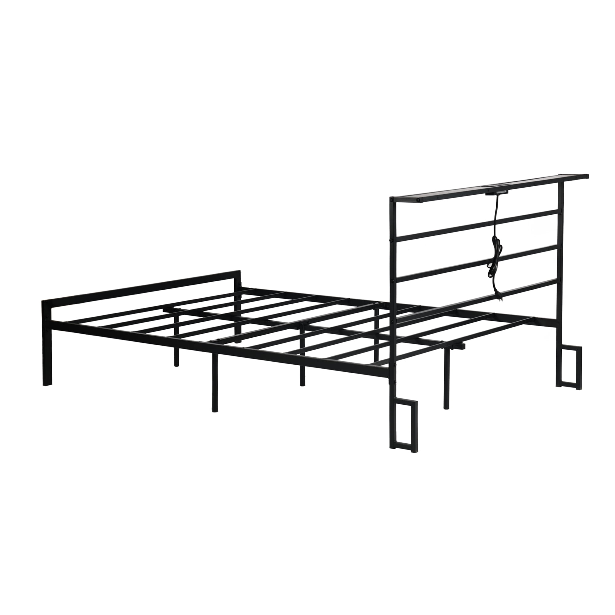 Homy Casa Full Size Metal Bed Frame with Headboard, Built-in Power Outlet, Sturdy Support for Single Beds, Black