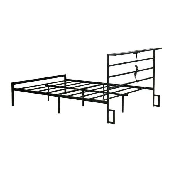 Homy Casa Full Size Metal Bed Frame with Headboard, Built-in Power Outlet, Sturdy Support for Single Beds, Black
