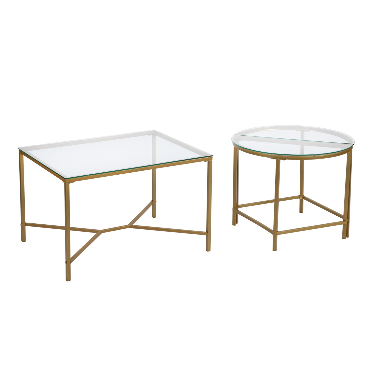 Homy Casa Glass Gold Coffee Table 2Piece Table Set, Round Glass Nesting Table with Gold Frame