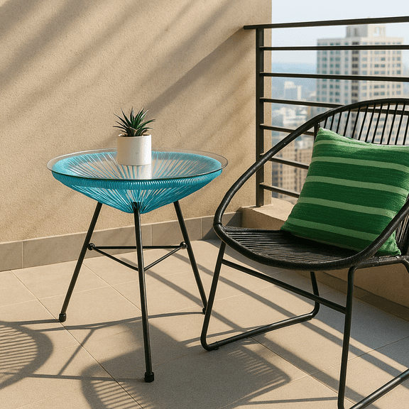 Homy Casa Glass Top Patio Side Table, Small Outdoor Accent Table for Balcony Coffee Corner, Blue